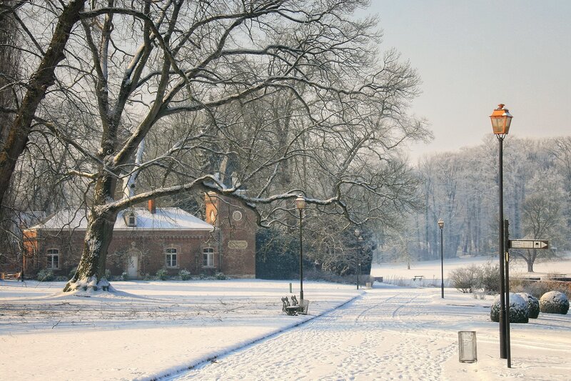 Snow-covered Park — White, Serene, Winter, Photograph, Building