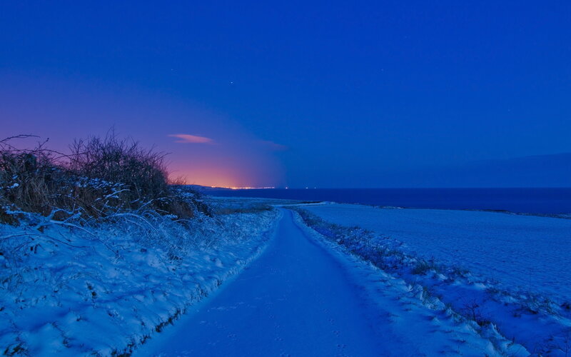 Snow-covered Path at Night — Blue, Serene, Photograph, Sea