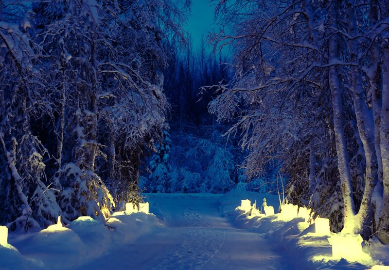 Snow-covered Path at Night — Blue