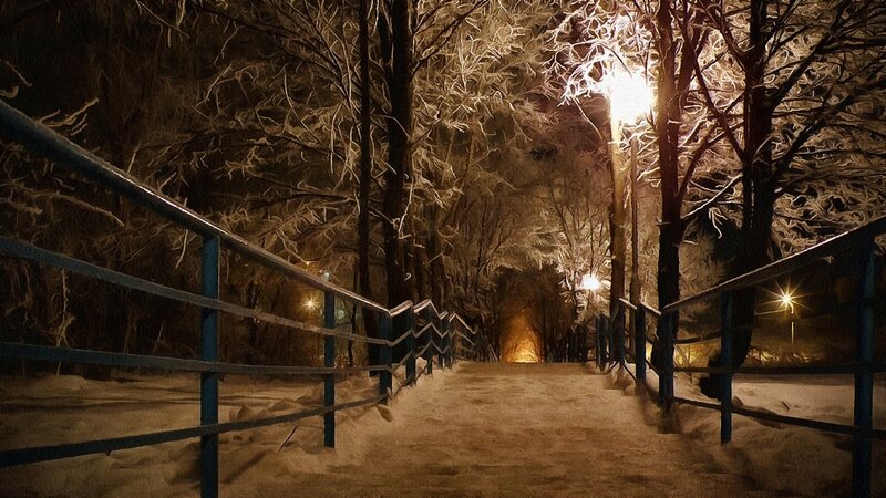 Snow-covered Path at Night — Brown, Serene