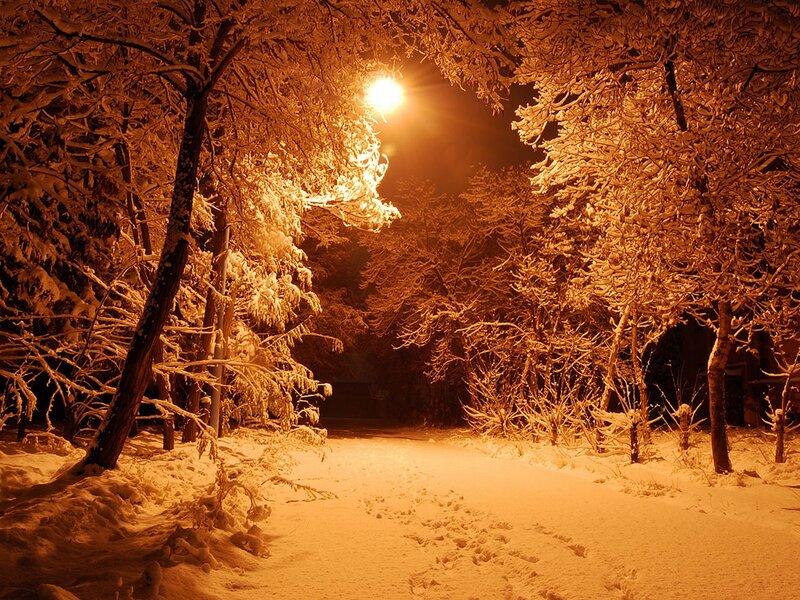 Snow-covered Path at Night — Orange
