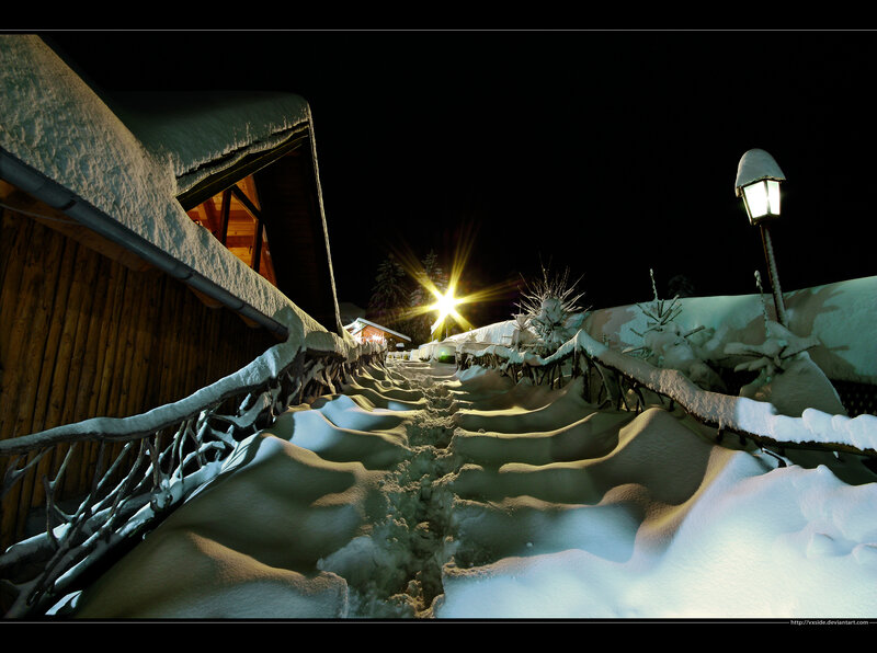 Snow-covered Path at Night — White