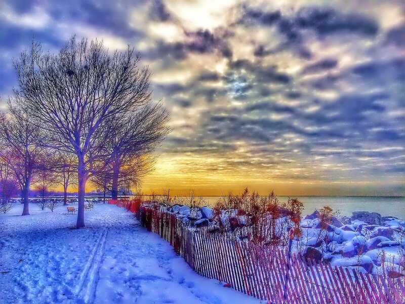 Snow-covered Path at Sunset — Blue, Dramatic