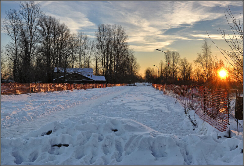 Snow-covered Path at Sunset — White