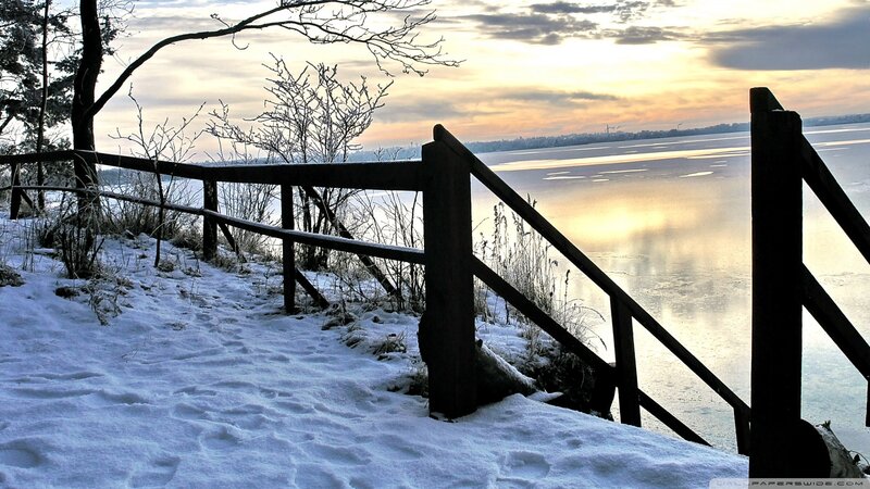 Snow-covered Path by Lake — White