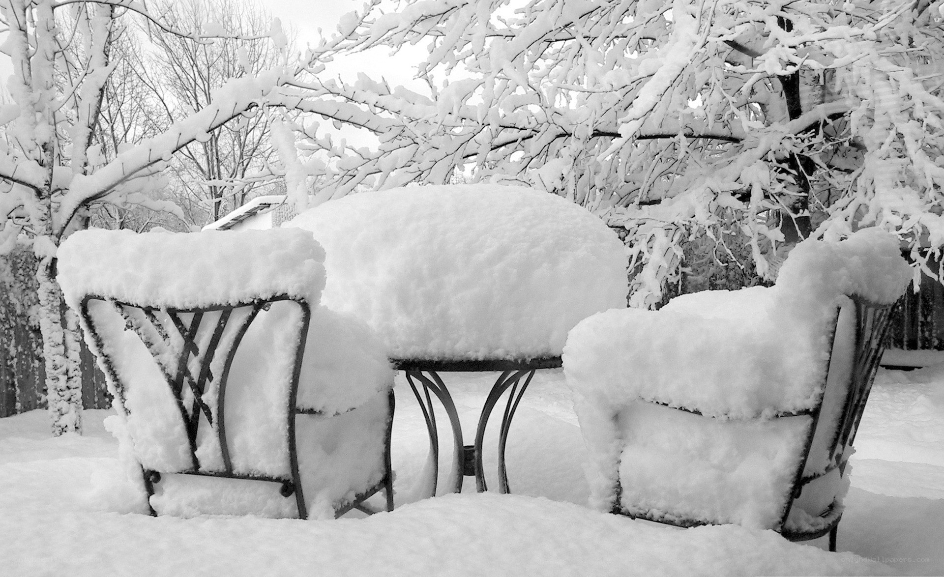 Snow-covered patio furniture