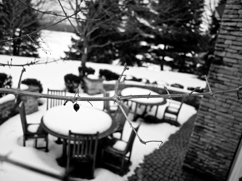 Snow-covered Patio Furniture — Black, Quiet, Winter, Photograph, Tree Branches