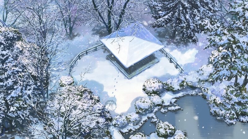Snow-covered Pavilion — White, Serene, Winter, Anime, Trees, Pond