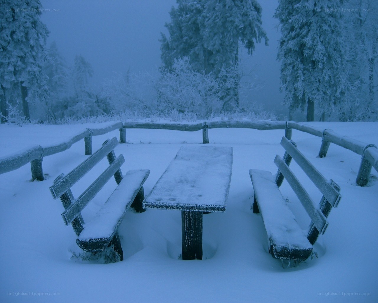 Snow-covered picnic table