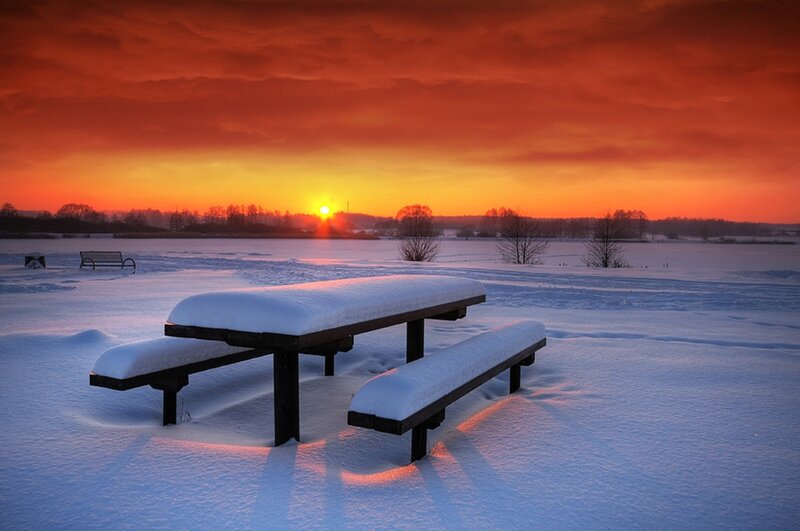 Snow-covered Picnic Table — Red
