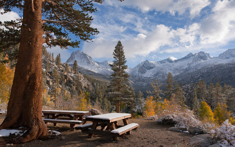 Snow-covered Picnic Tables — Blue, Serene, Autumn