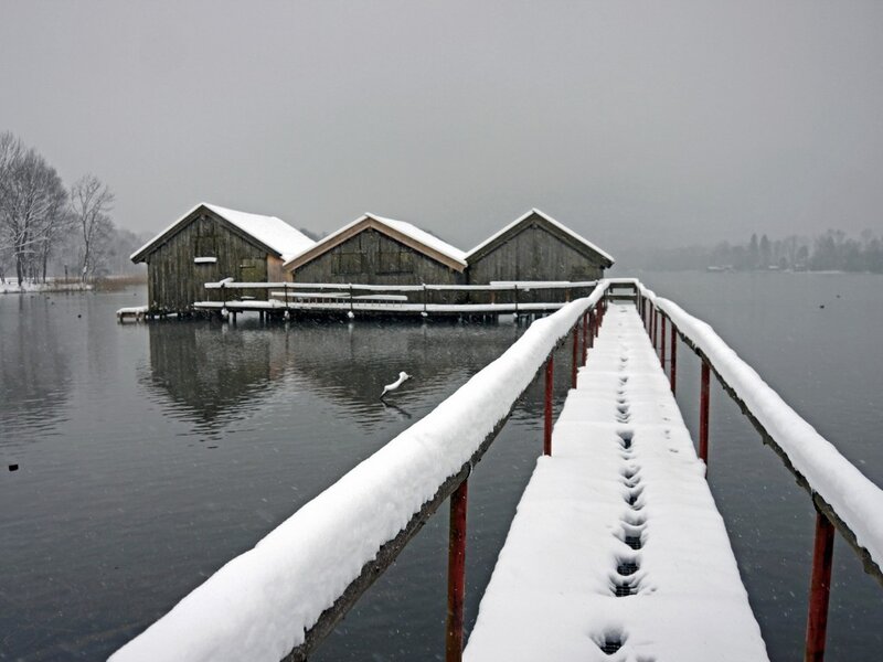 Snow-covered Pier and Boathouses