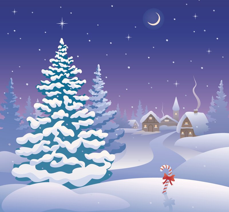 Snow-covered Pine Tree — Blue, Serene, Night, Illustration