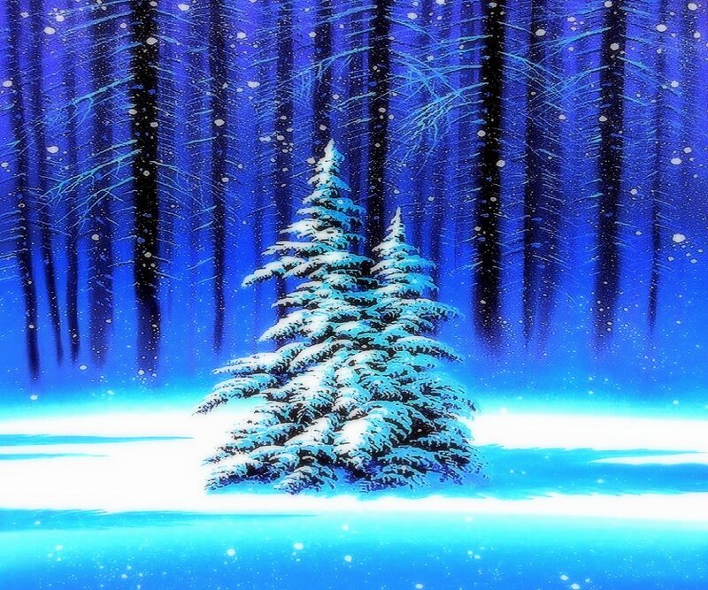 Snow-covered Pine Tree — Blue, Serene, Winter, Digital Art, Forest