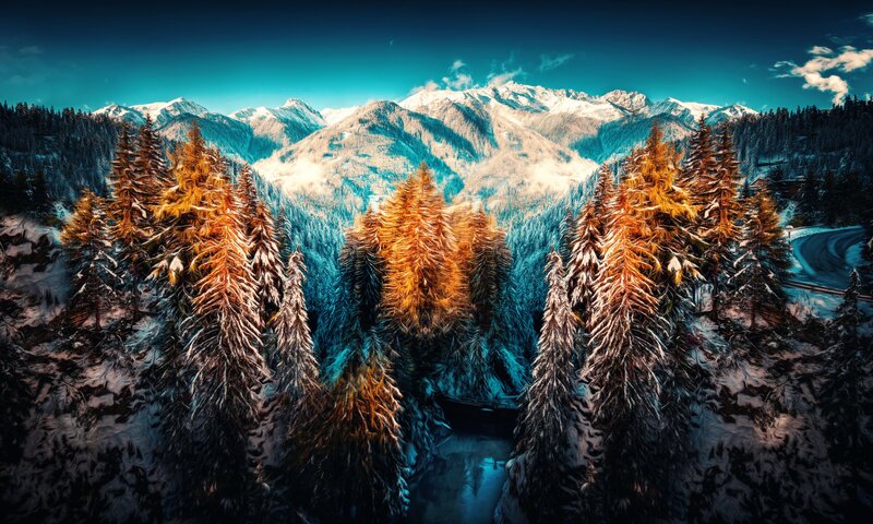 Snow-covered Pine Trees — Blue, Dramatic, Winter, Digital Art, Mountains