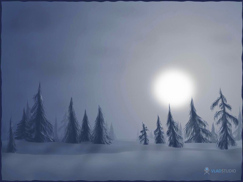 Snow-covered Pine Trees — Blue, Serene, Night, Digital Art, Moon, Forest