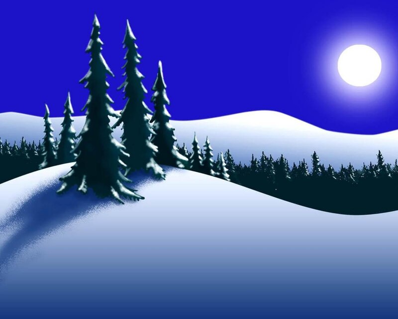 Snow-covered Pine Trees — Blue, Serene, Night, Digital Art, Moon, Hills