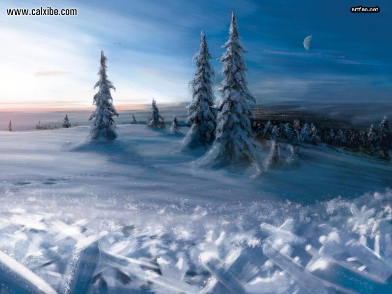 Snow-covered Pine Trees — Blue, Serene, Night, Digital Art, Moon, Snow