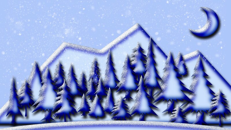 Snow-covered Pine Trees — Blue, Serene, Night, Digital Art, Mountains