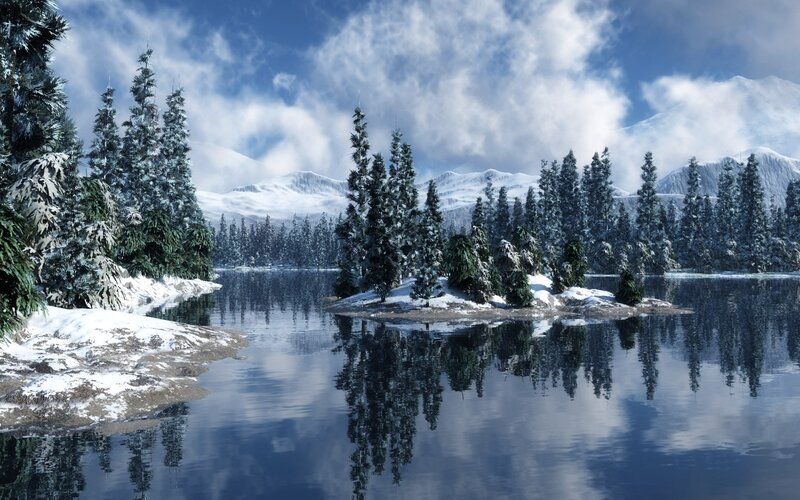 Snow-covered Pine Trees — Blue, Serene, Winter, 3d Render, Lake, Mountains