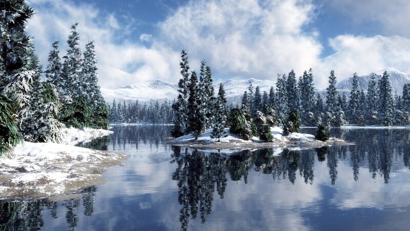 Snow-covered Pine Trees — Blue, Serene, Winter, 3d Render, Lake