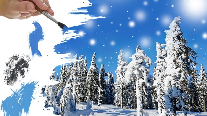 Snow-covered Pine Trees — Blue, Serene, Winter, Digital Art, Hand