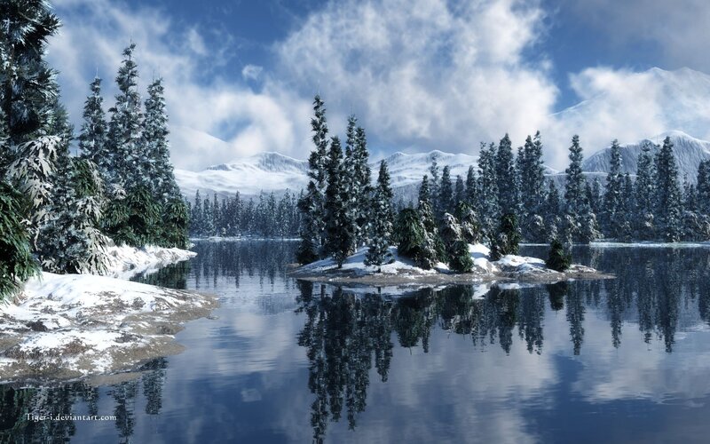 Snow-covered Pine Trees — Blue, Serene, Winter, Digital Art, Lake