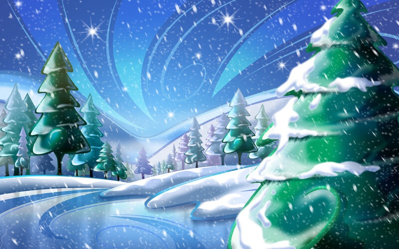 Snow-covered Pine Trees — Blue, Serene, Winter, Digital Art, Snow, Stars, Forest
