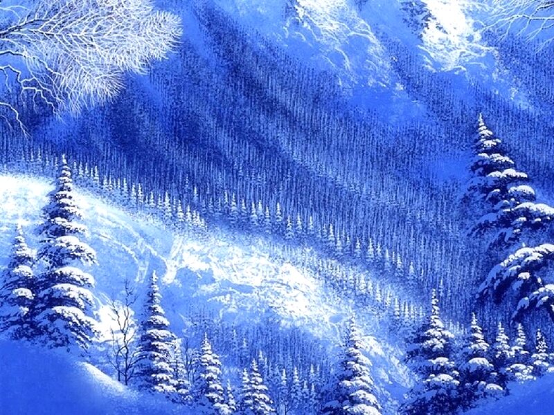 Snow-covered Pine Trees — Blue, Serene, Winter, Painting, Mountain