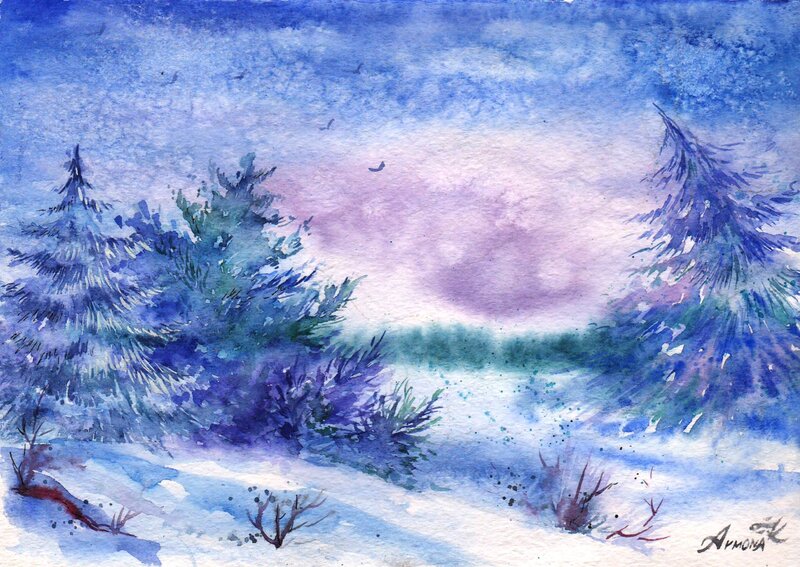 Snow-covered Pine Trees — Blue, Serene, Winter, Painting, Sky
