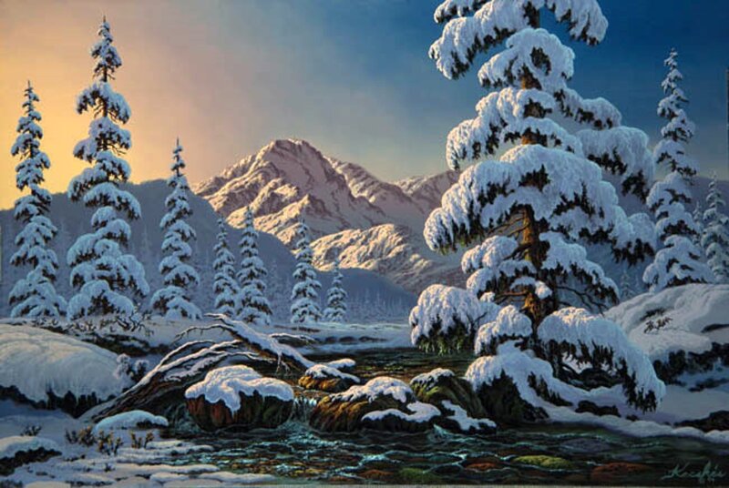 Snow-covered Pine Trees — Blue, Serene, Winter, Painting