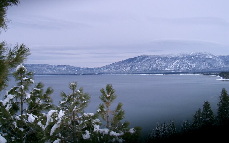Snow-covered Pine Trees — Blue, Serene, Winter, Photograph, Lake, Mountains, Sky