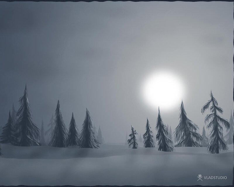 Snow-covered Pine Trees — Gray, Serene, Night, Digital Art
