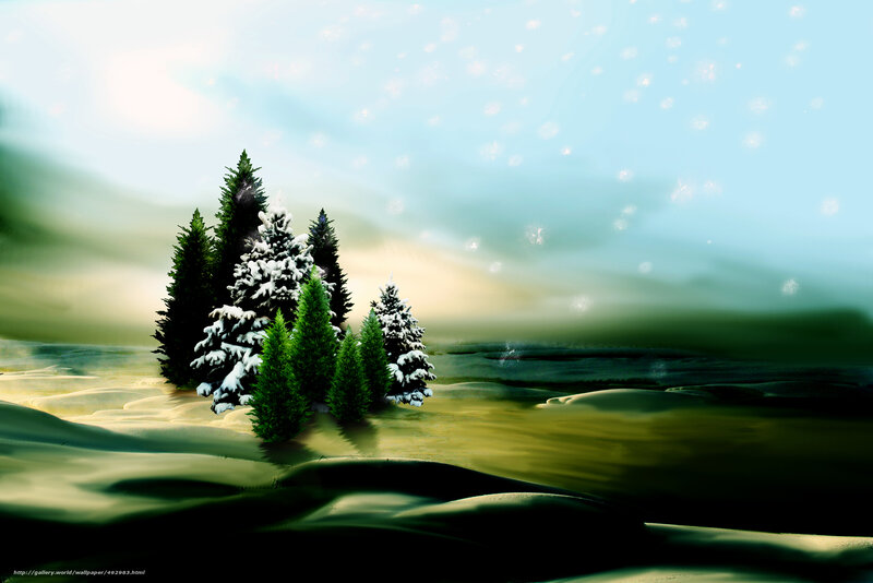 Snow-covered Pine Trees — Green, Serene, Winter, Digital Art