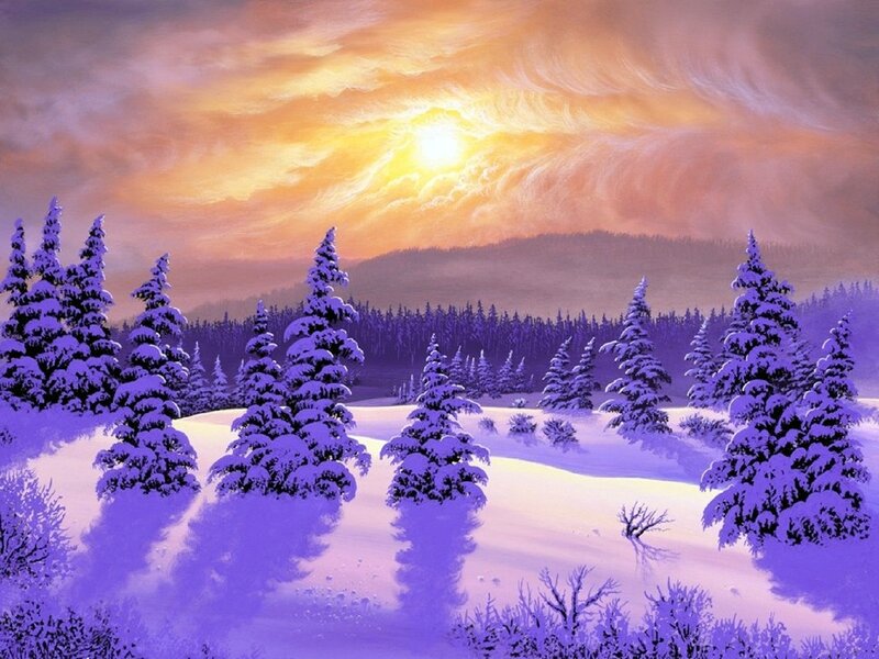 Snow-covered Pine Trees — Purple, Serene, Winter, Painting