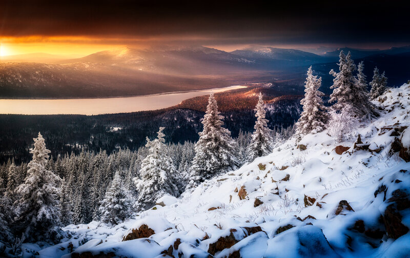 Snow-covered Pine Trees — White, Dramatic, Sunset, Photograph, Mountains