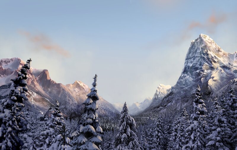 Snow-covered Pine Trees — White, Serene, Winter, Digital Art, Mountains