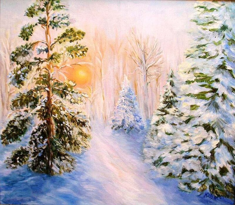 Snow-covered Pine Trees — White, Serene, Winter, Painting, Sun