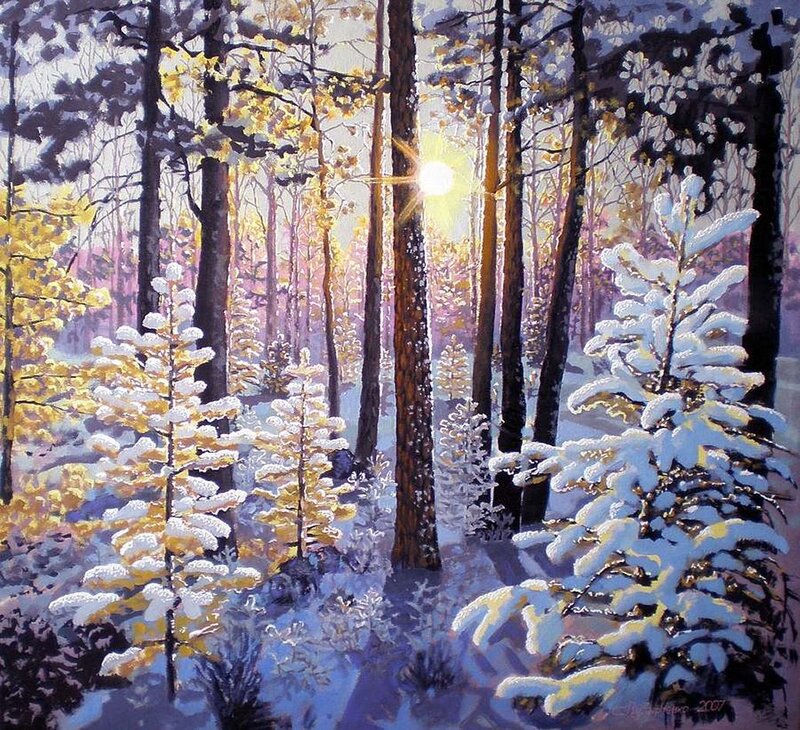 Snow-covered Pine Trees — White, Serene, Winter, Painting, Sunlight