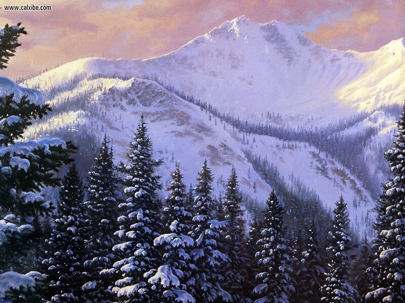 Snow-covered Pine Trees — White, Serene, Winter, Painting