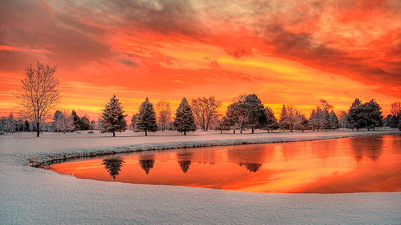 Snow-covered Pond at Sunset — Orange, Dramatic