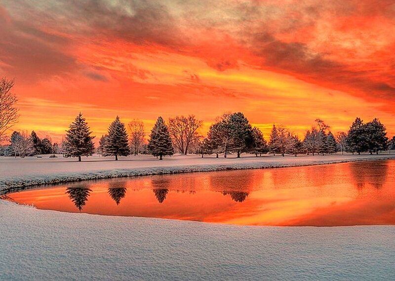 Snow-covered Pond at Sunset — Orange