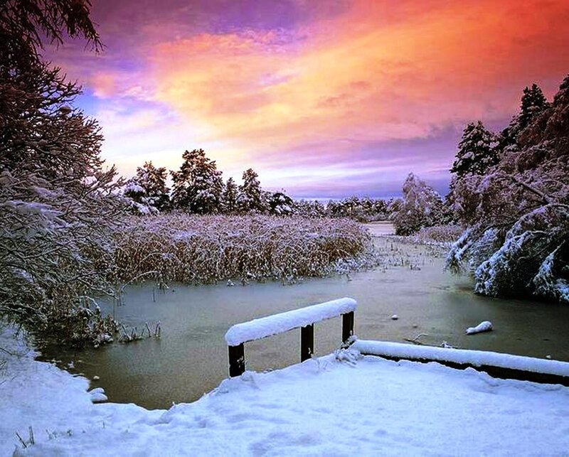 Snow-covered Pond at Sunset — Purple