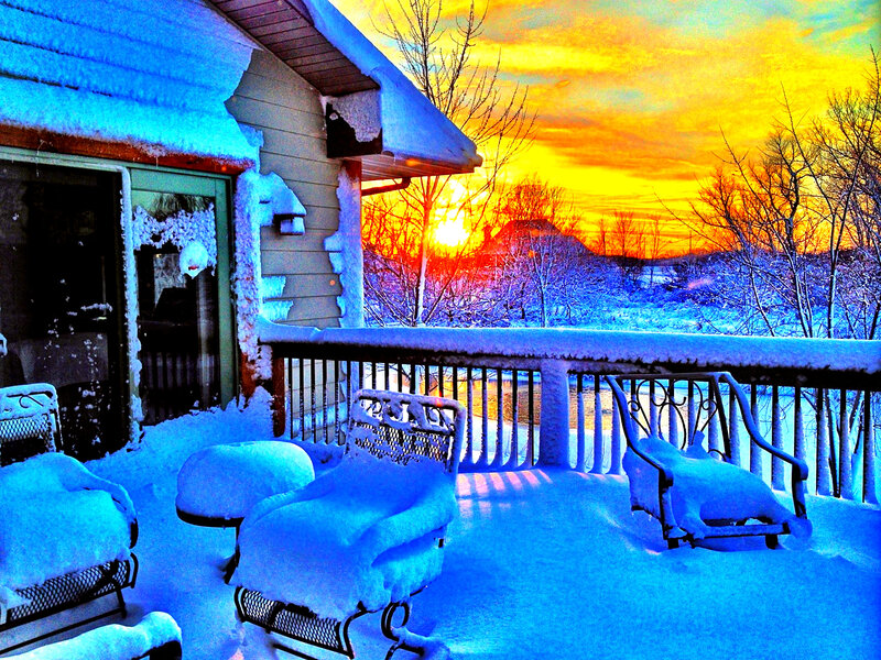 Snow-covered Porch at Sunset