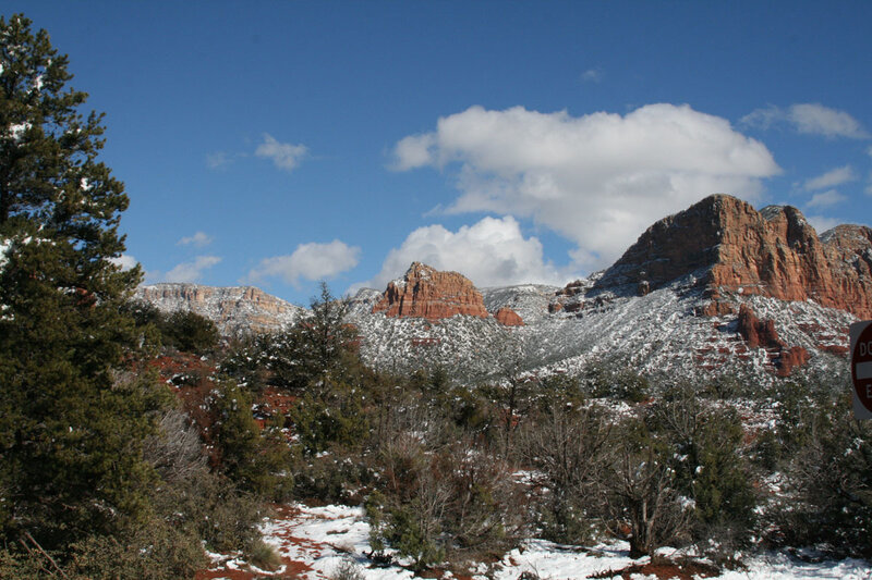 Snow-covered Red Rock Formations — Blue