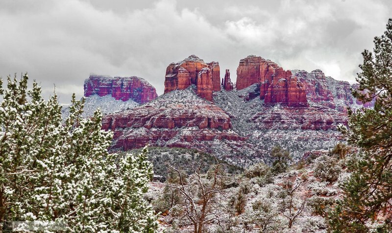 Snow-covered Red Rock Formations — Dramatic