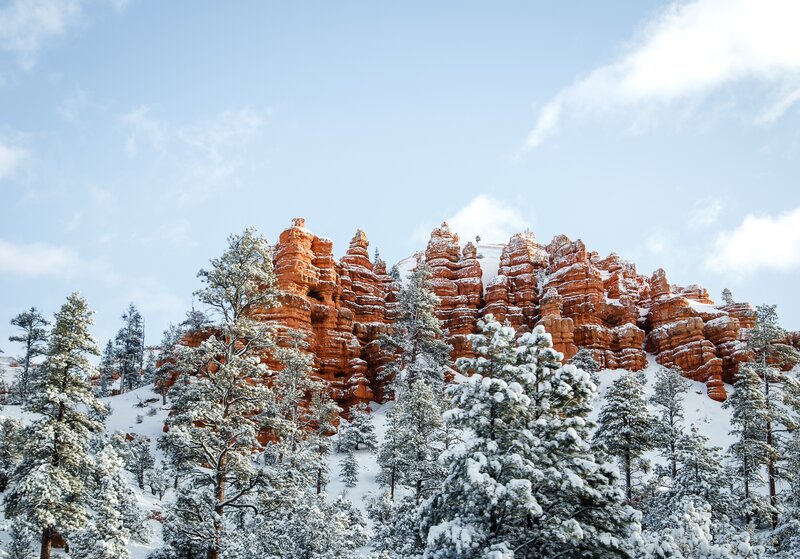 Snow-covered Red Rock Formations — Serene