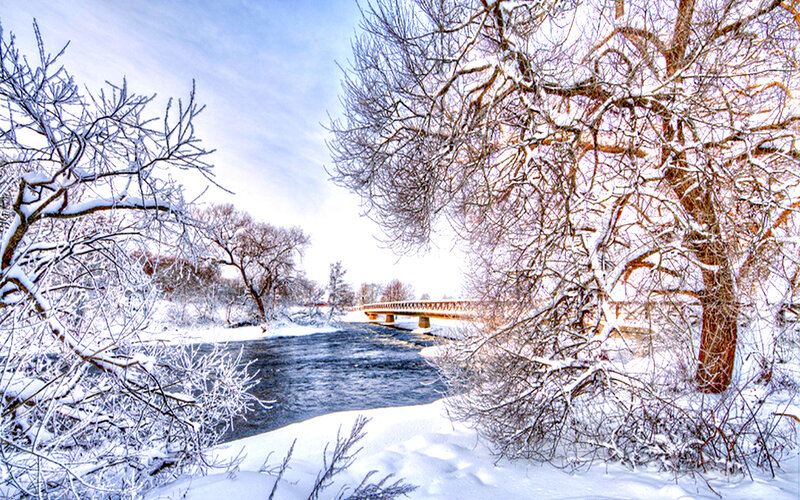 Snow-covered River and Bridge