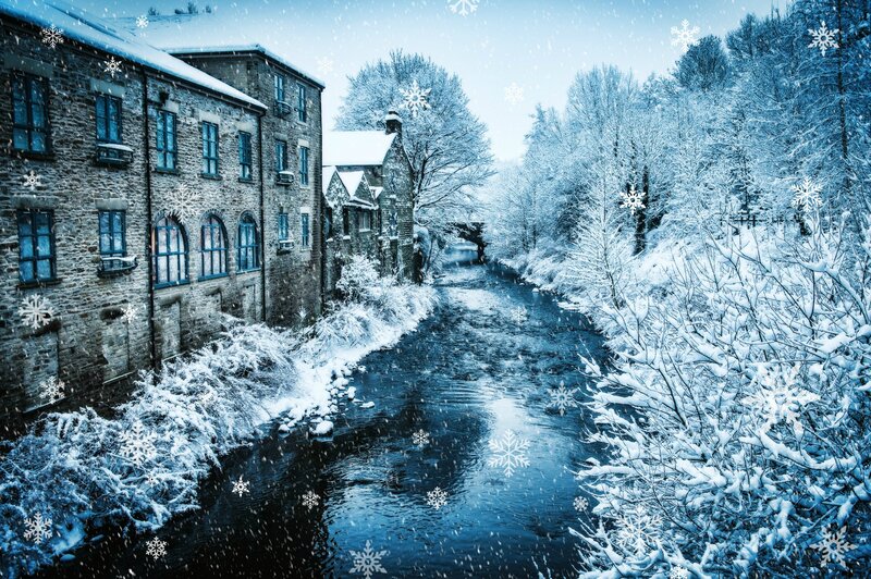 Snow-covered River and Buildings