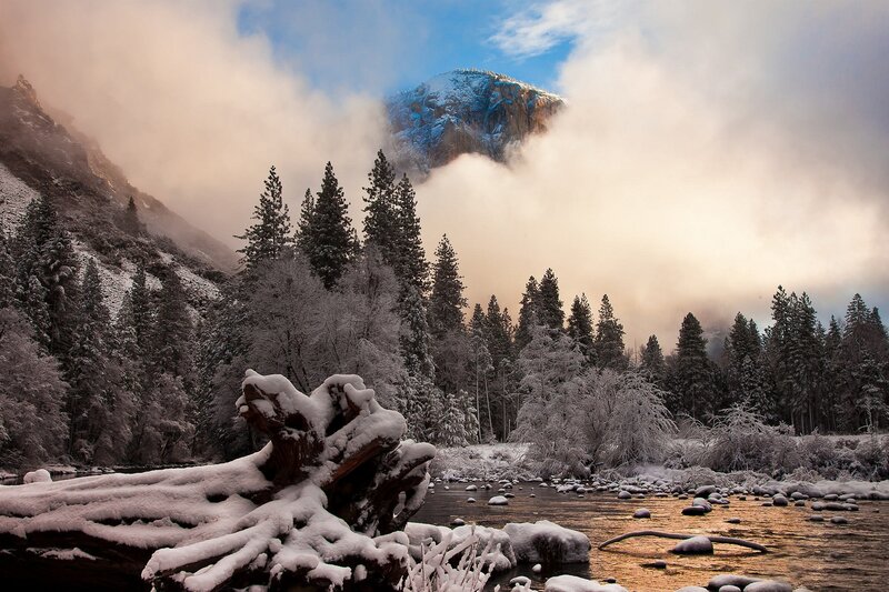 Snow-covered River and Mountain — White